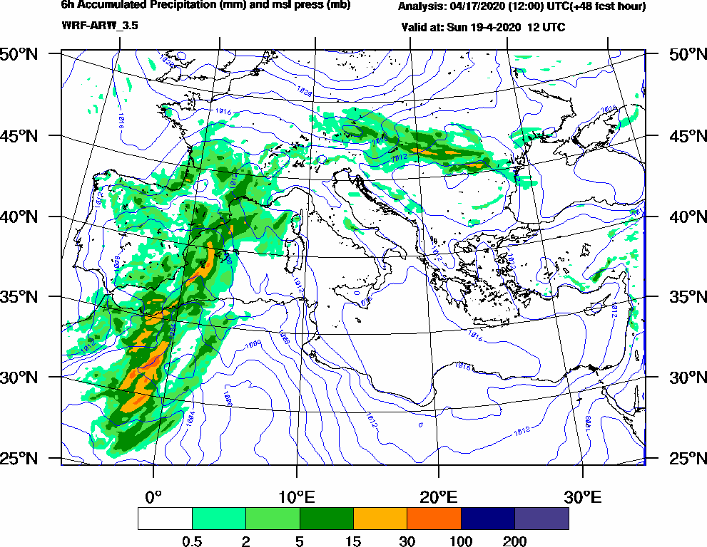 6h Accumulated Precipitation (mm) and msl press (mb) - 2020-04-19 06:00
