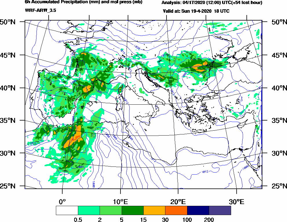 6h Accumulated Precipitation (mm) and msl press (mb) - 2020-04-19 12:00
