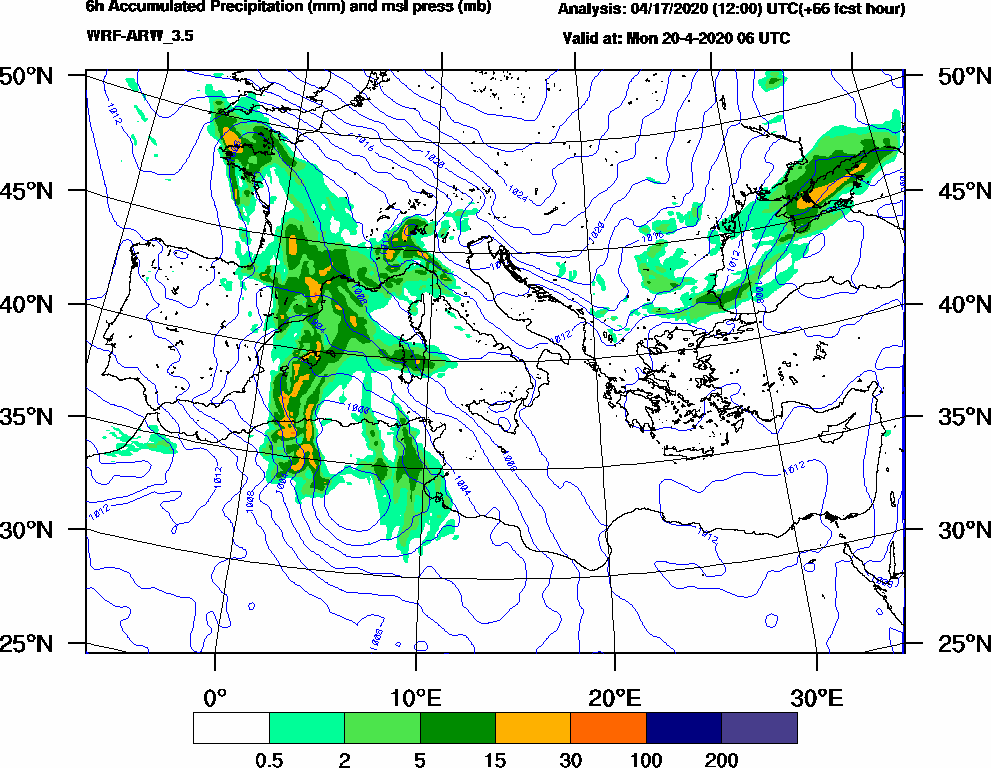 6h Accumulated Precipitation (mm) and msl press (mb) - 2020-04-20 00:00