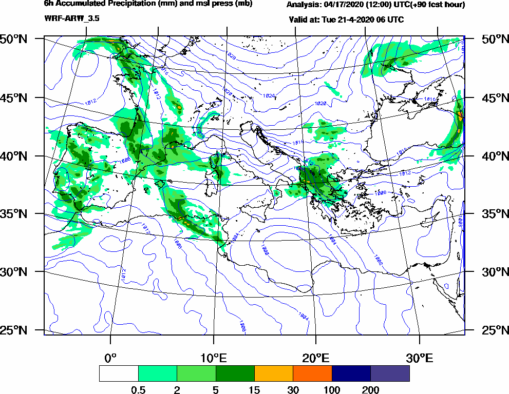 6h Accumulated Precipitation (mm) and msl press (mb) - 2020-04-21 00:00