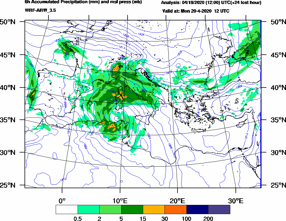 6h Accumulated Precipitation (mm) and msl press (mb) - 2020-04-20 06:00