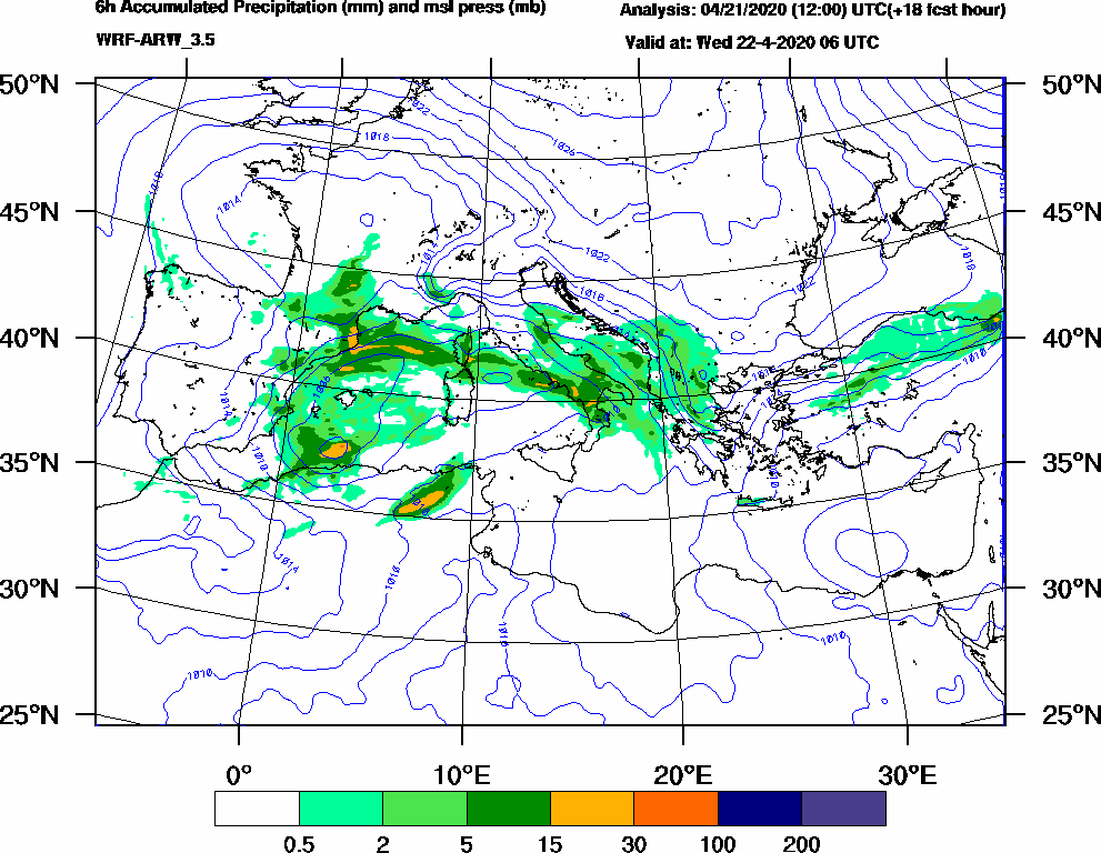 6h Accumulated Precipitation (mm) and msl press (mb) - 2020-04-22 00:00