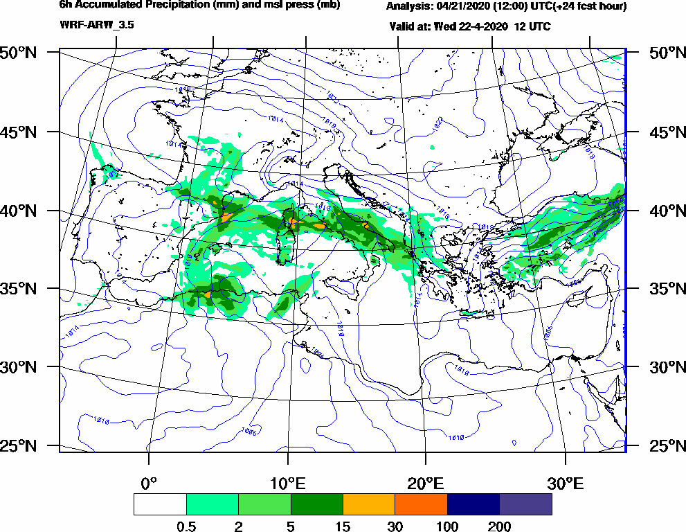 6h Accumulated Precipitation (mm) and msl press (mb) - 2020-04-22 06:00