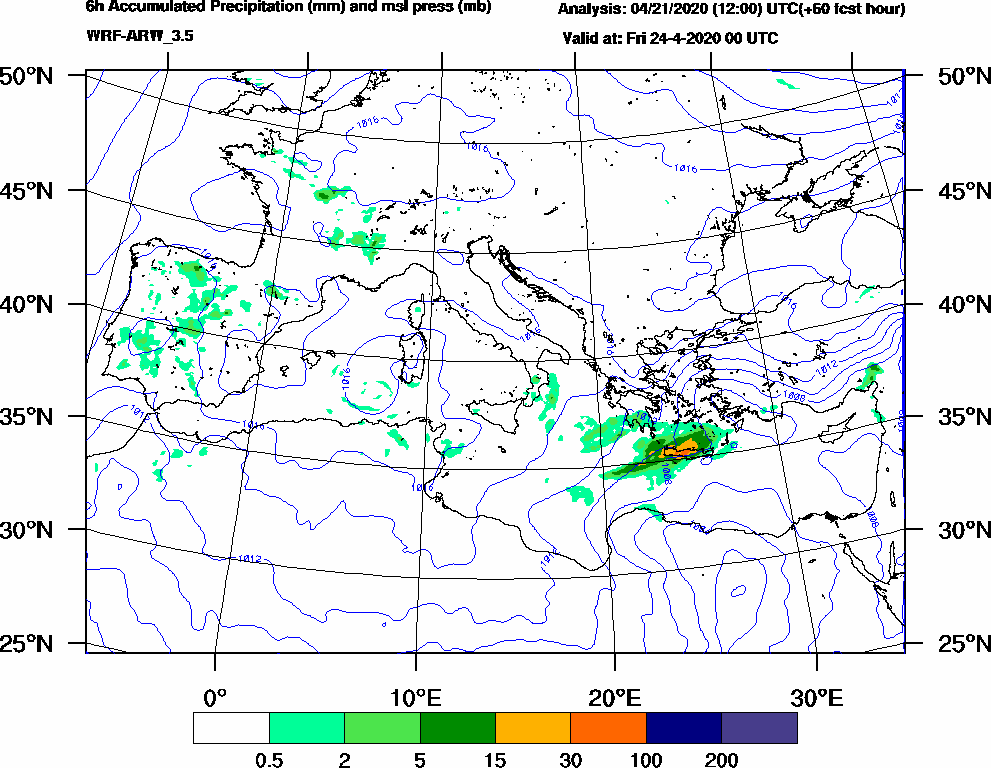 6h Accumulated Precipitation (mm) and msl press (mb) - 2020-04-23 18:00