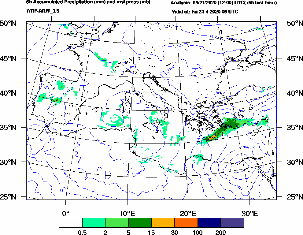 6h Accumulated Precipitation (mm) and msl press (mb) - 2020-04-24 00:00