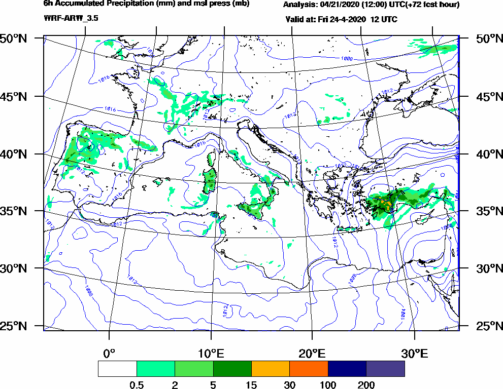 6h Accumulated Precipitation (mm) and msl press (mb) - 2020-04-24 06:00