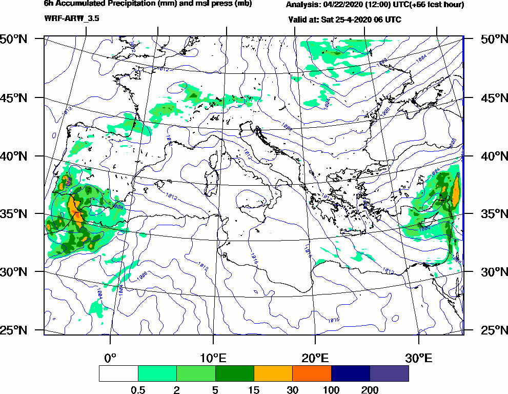 6h Accumulated Precipitation (mm) and msl press (mb) - 2020-04-25 00:00