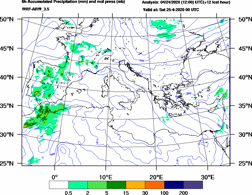 6h Accumulated Precipitation (mm) and msl press (mb) - 2020-04-24 18:00