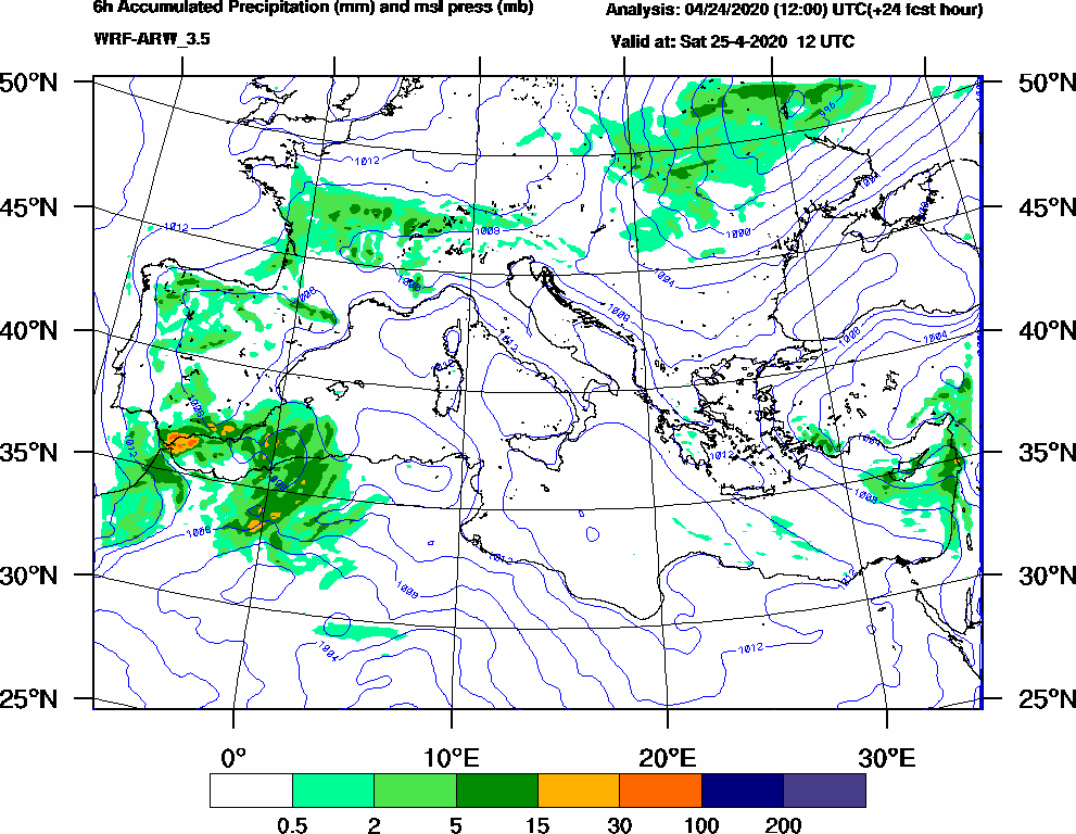6h Accumulated Precipitation (mm) and msl press (mb) - 2020-04-25 06:00