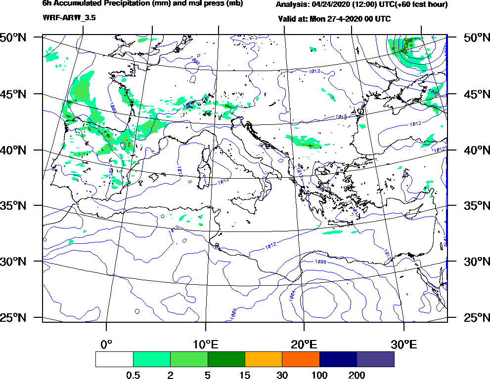 6h Accumulated Precipitation (mm) and msl press (mb) - 2020-04-26 18:00