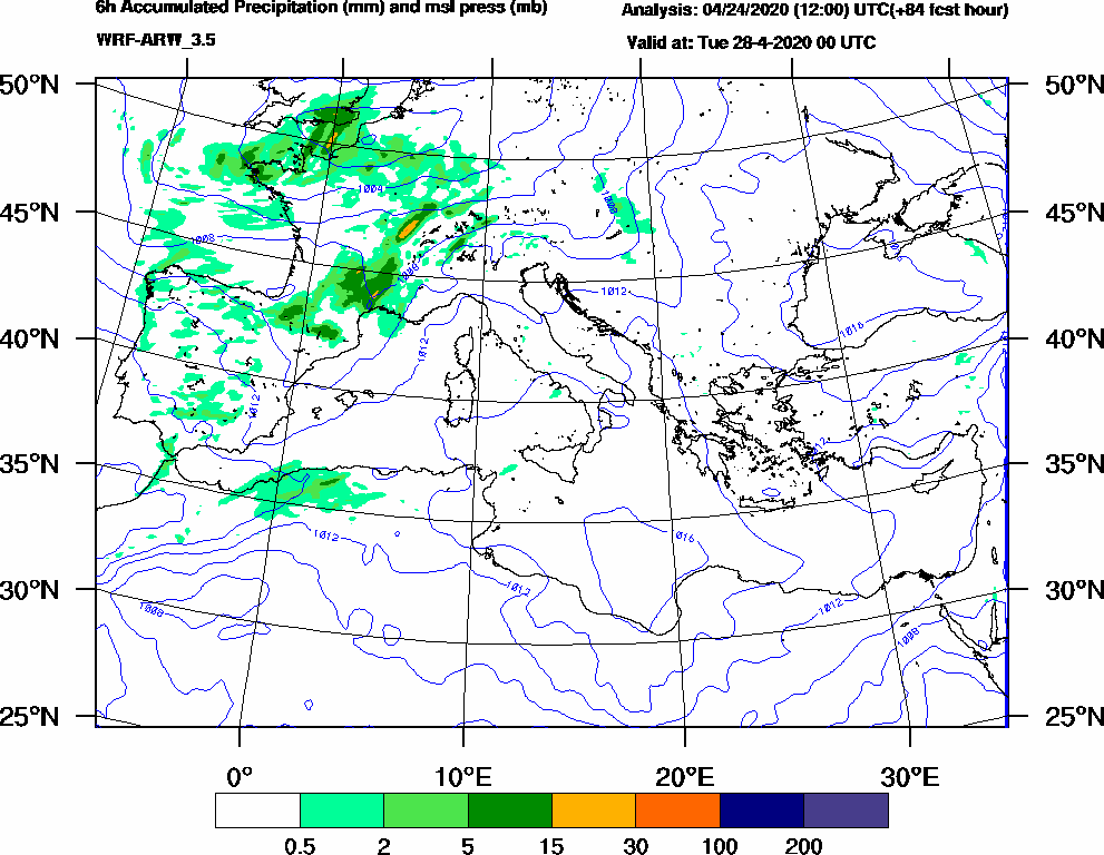 6h Accumulated Precipitation (mm) and msl press (mb) - 2020-04-27 18:00