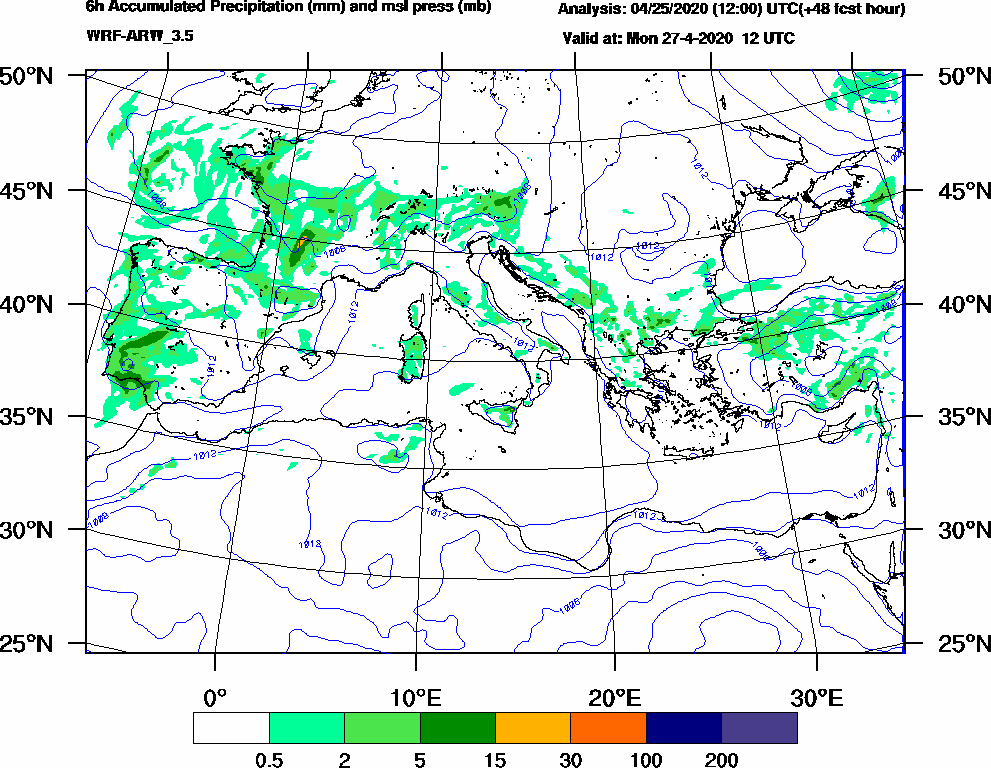 6h Accumulated Precipitation (mm) and msl press (mb) - 2020-04-27 06:00