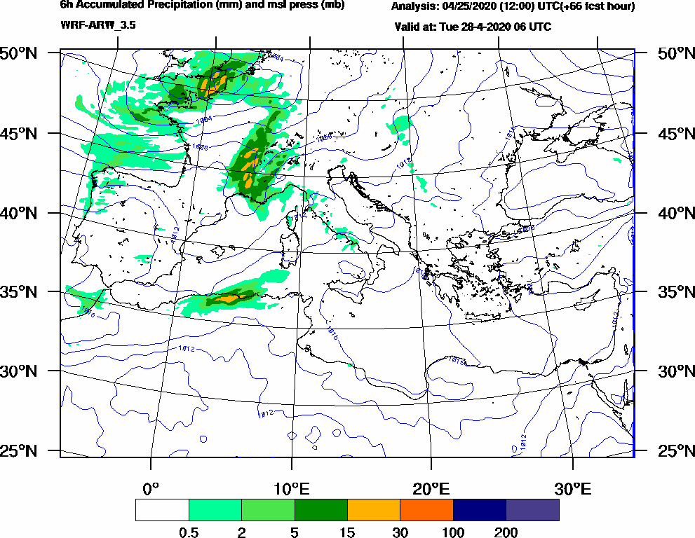 6h Accumulated Precipitation (mm) and msl press (mb) - 2020-04-28 00:00