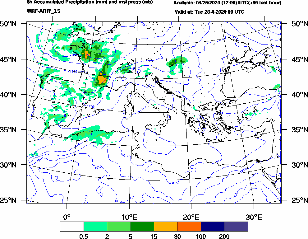 6h Accumulated Precipitation (mm) and msl press (mb) - 2020-04-27 18:00