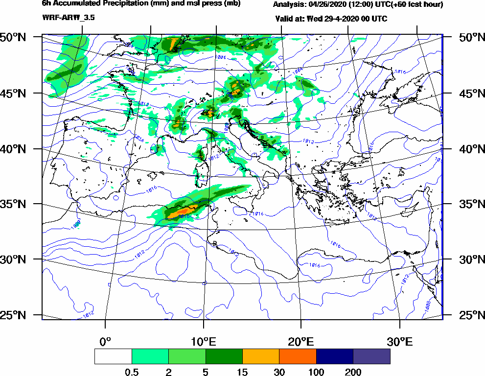 6h Accumulated Precipitation (mm) and msl press (mb) - 2020-04-28 18:00