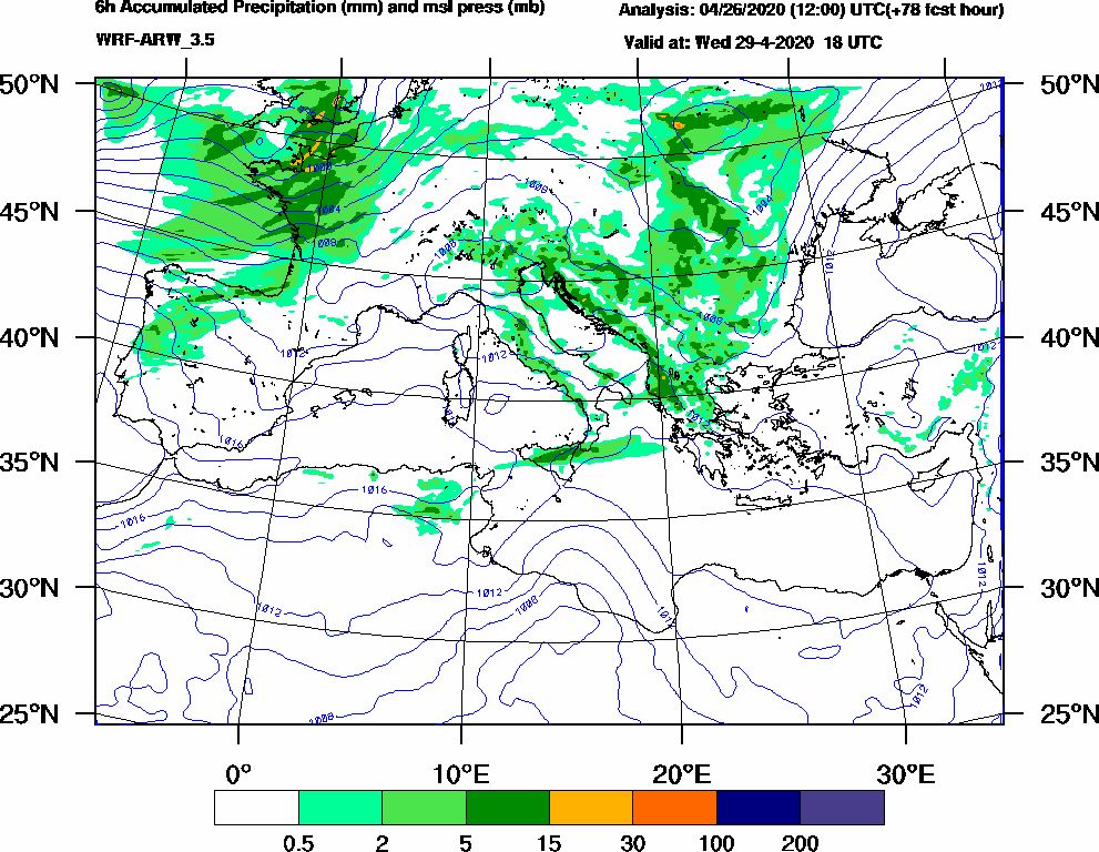 6h Accumulated Precipitation (mm) and msl press (mb) - 2020-04-29 12:00