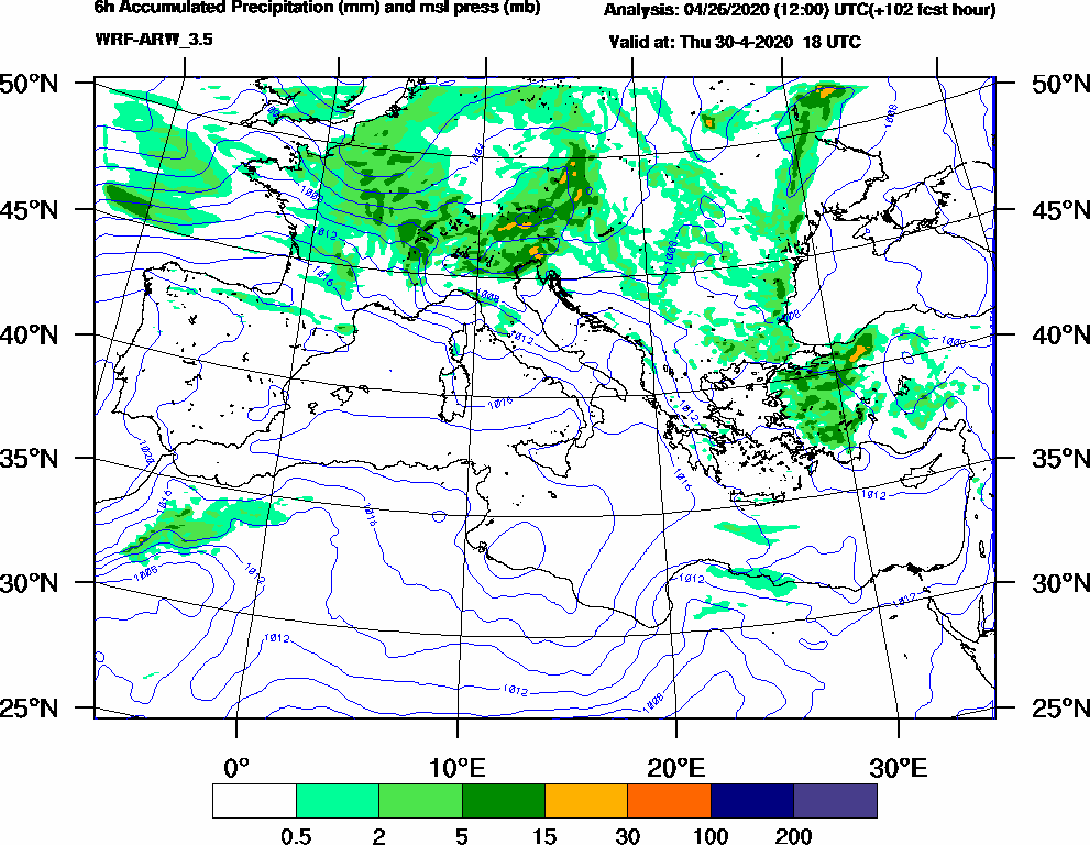 6h Accumulated Precipitation (mm) and msl press (mb) - 2020-04-30 12:00
