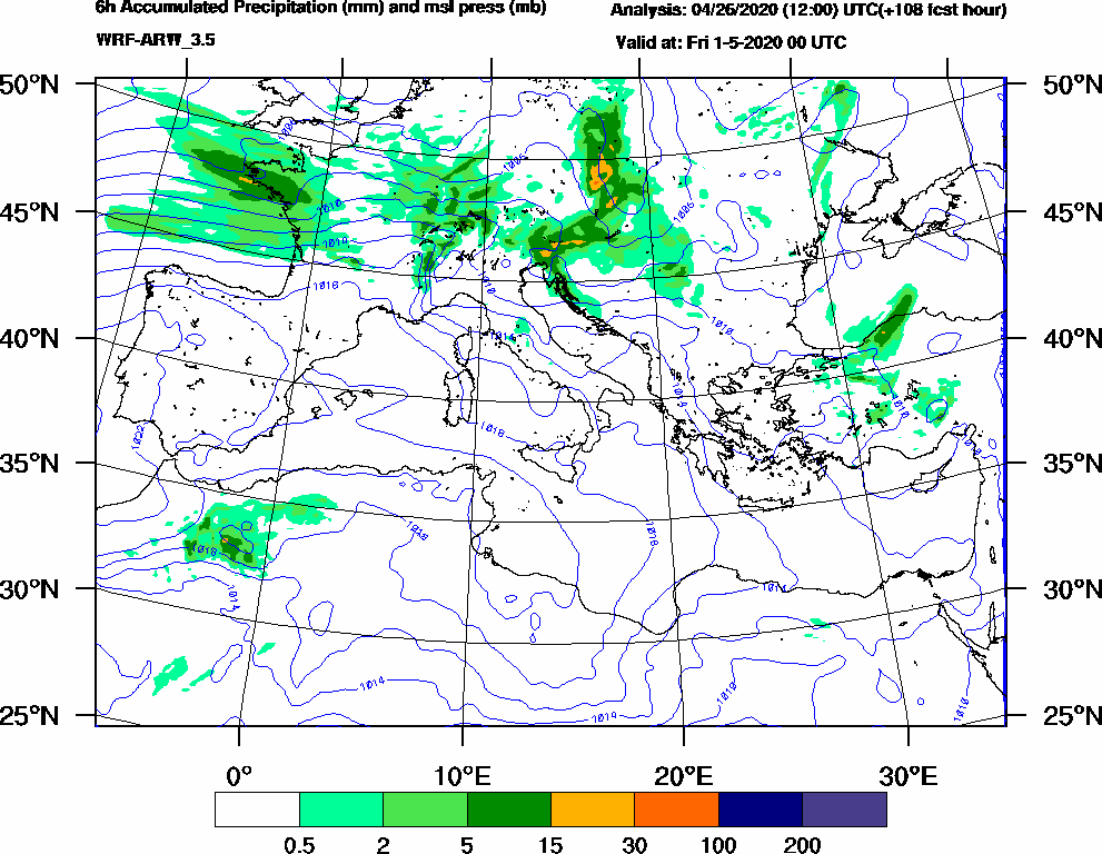 6h Accumulated Precipitation (mm) and msl press (mb) - 2020-04-30 18:00