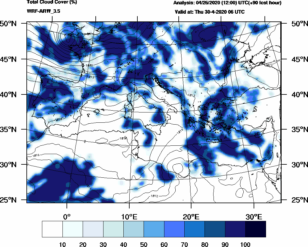 Total cloud cover (%) - 2020-04-30 00:00