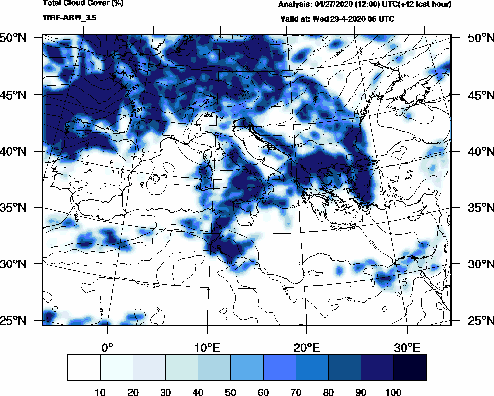 Total cloud cover (%) - 2020-04-29 00:00