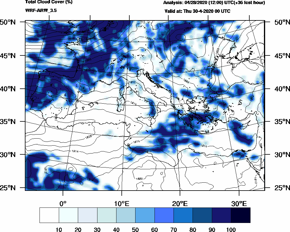 Total cloud cover (%) - 2020-04-29 18:00