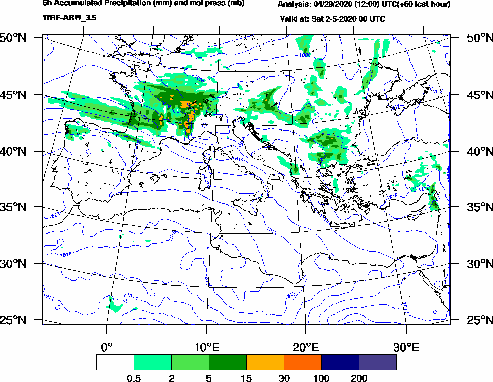 6h Accumulated Precipitation (mm) and msl press (mb) - 2020-05-01 18:00