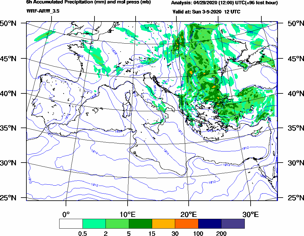 6h Accumulated Precipitation (mm) and msl press (mb) - 2020-05-03 06:00