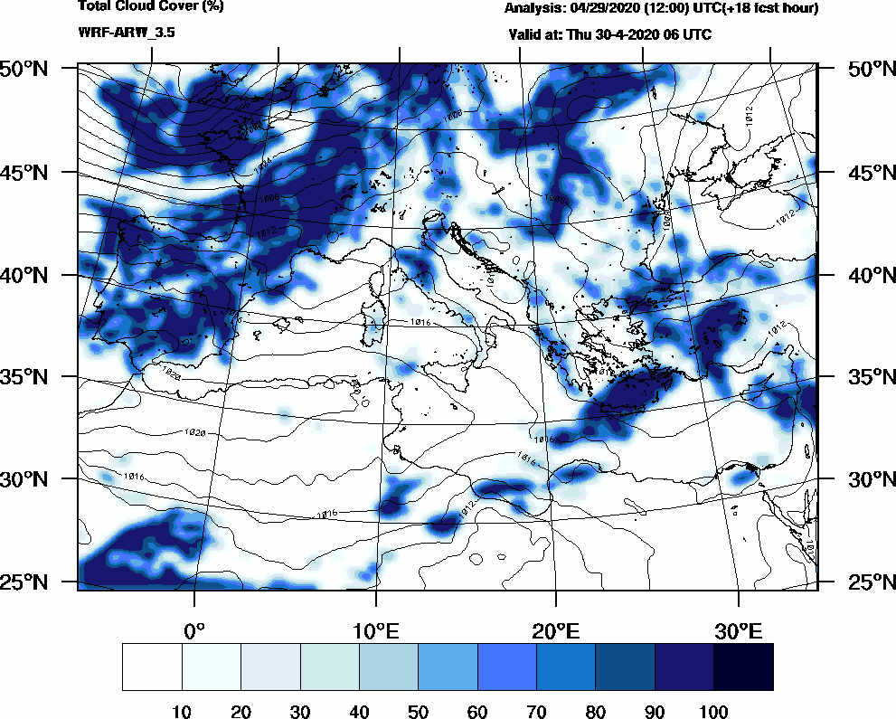 Total cloud cover (%) - 2020-04-30 00:00