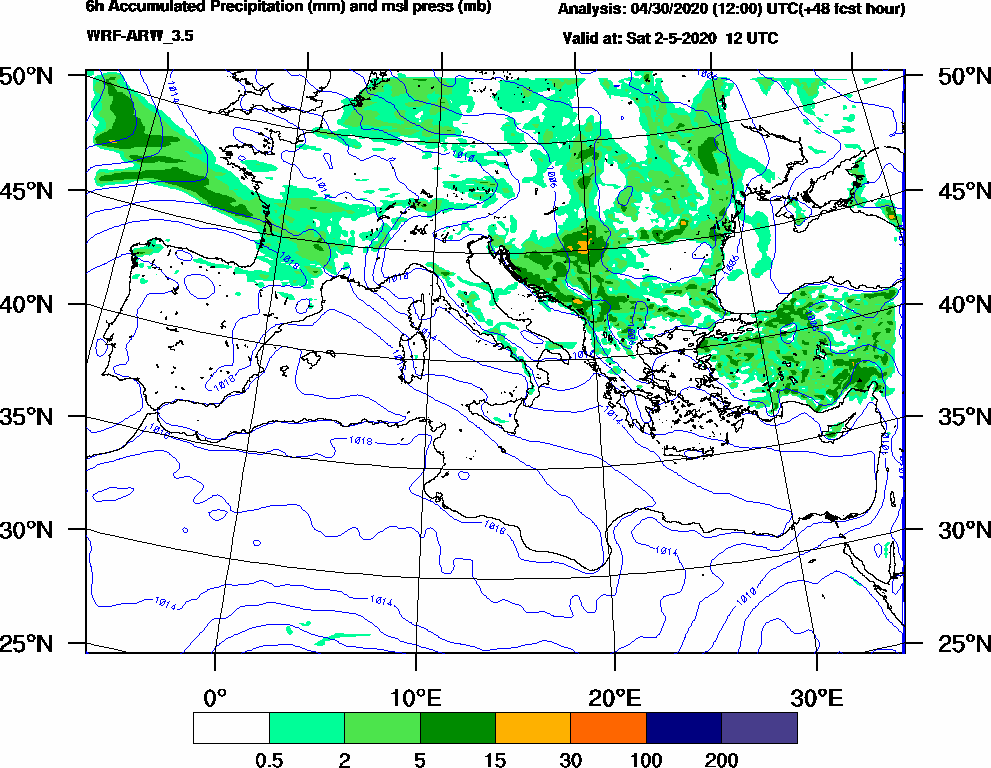 6h Accumulated Precipitation (mm) and msl press (mb) - 2020-05-02 06:00