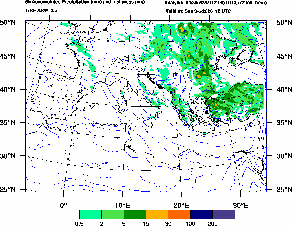 6h Accumulated Precipitation (mm) and msl press (mb) - 2020-05-03 06:00
