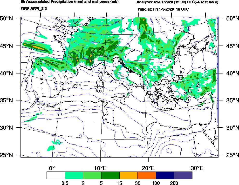 6h Accumulated Precipitation (mm) and msl press (mb) - 2020-05-01 12:00