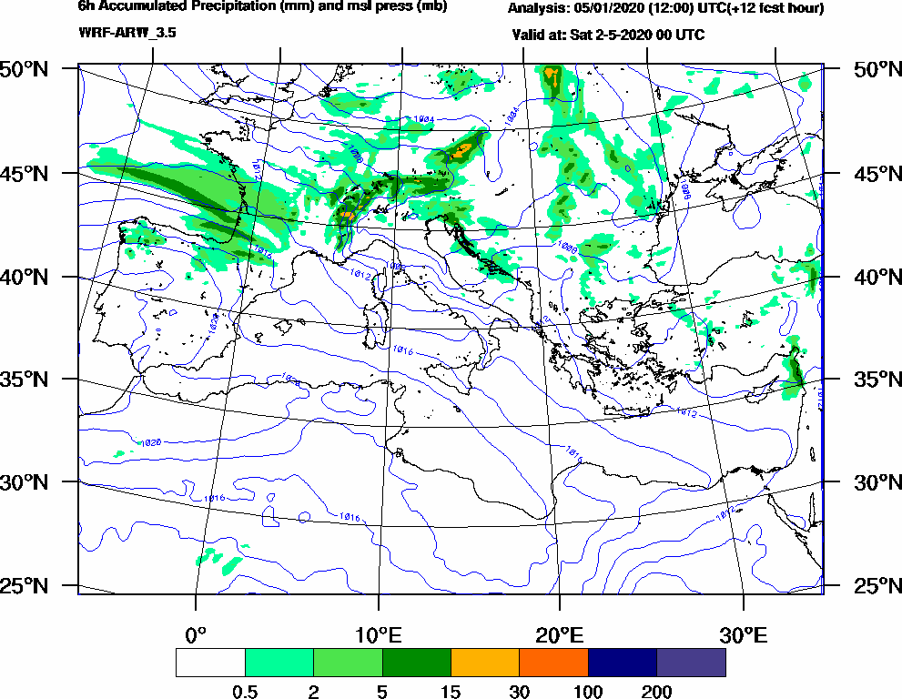 6h Accumulated Precipitation (mm) and msl press (mb) - 2020-05-01 18:00