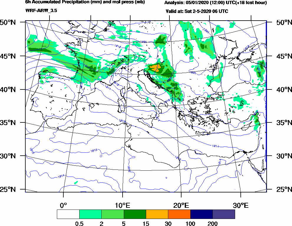 6h Accumulated Precipitation (mm) and msl press (mb) - 2020-05-02 00:00