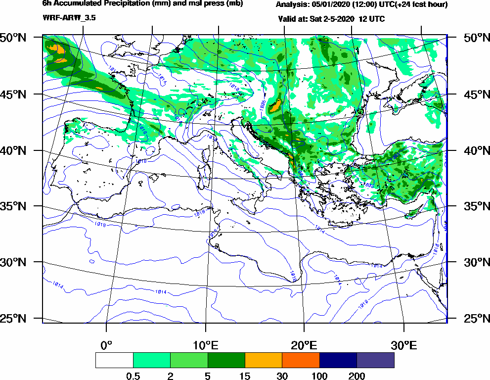 6h Accumulated Precipitation (mm) and msl press (mb) - 2020-05-02 06:00