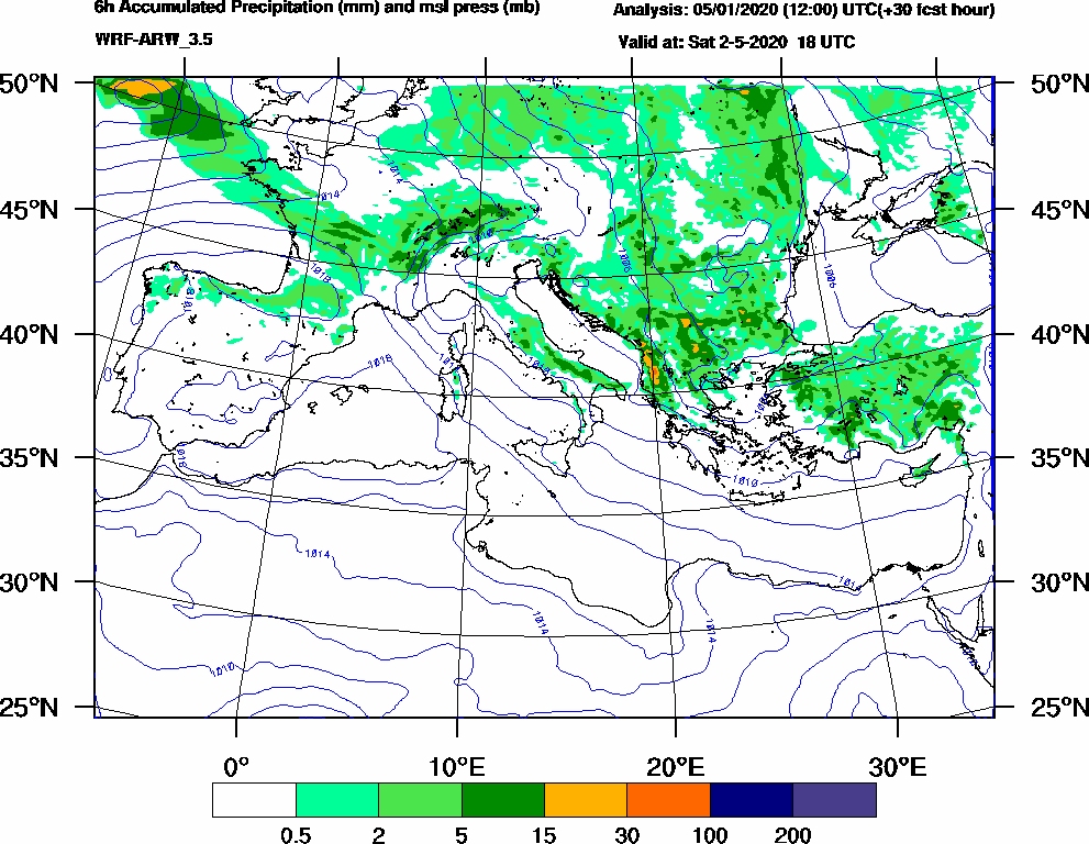 6h Accumulated Precipitation (mm) and msl press (mb) - 2020-05-02 12:00
