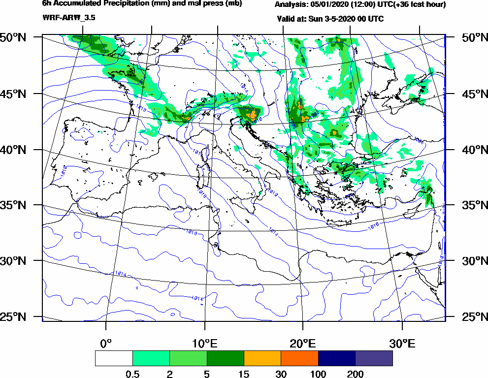 6h Accumulated Precipitation (mm) and msl press (mb) - 2020-05-02 18:00