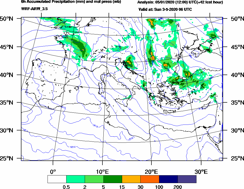 6h Accumulated Precipitation (mm) and msl press (mb) - 2020-05-03 00:00