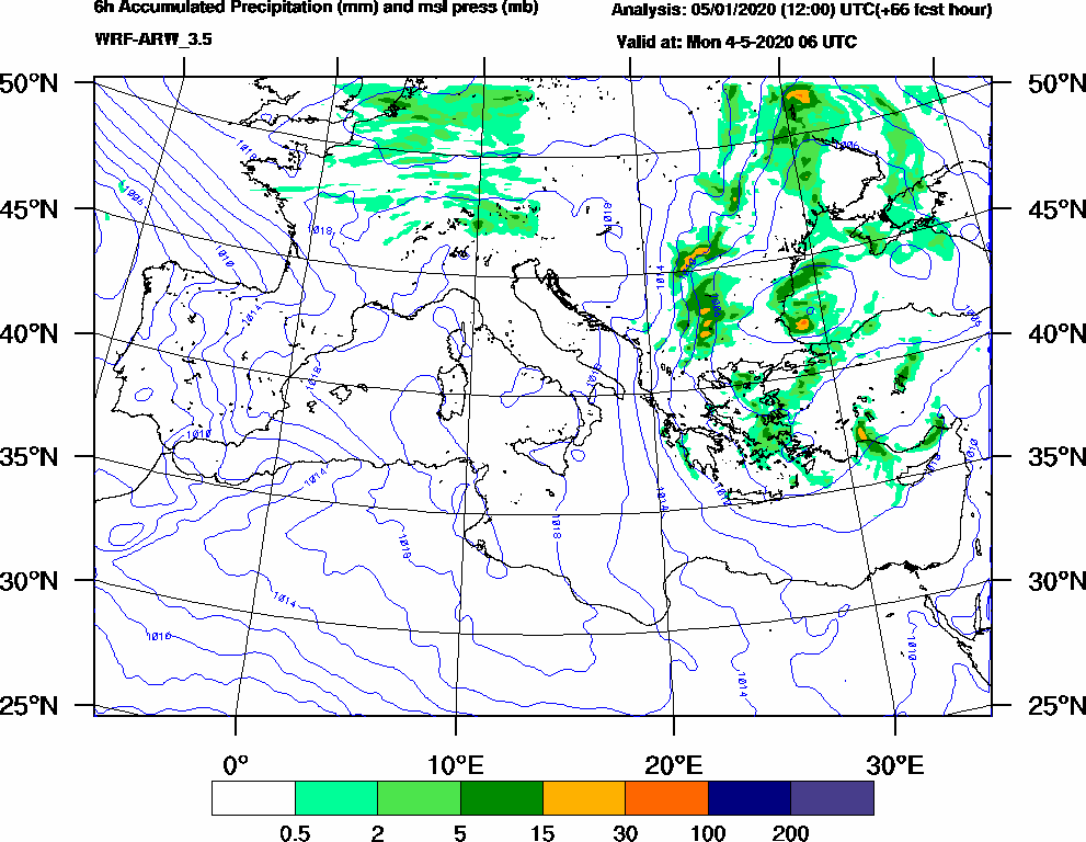 6h Accumulated Precipitation (mm) and msl press (mb) - 2020-05-04 00:00
