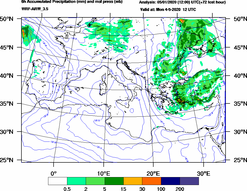 6h Accumulated Precipitation (mm) and msl press (mb) - 2020-05-04 06:00