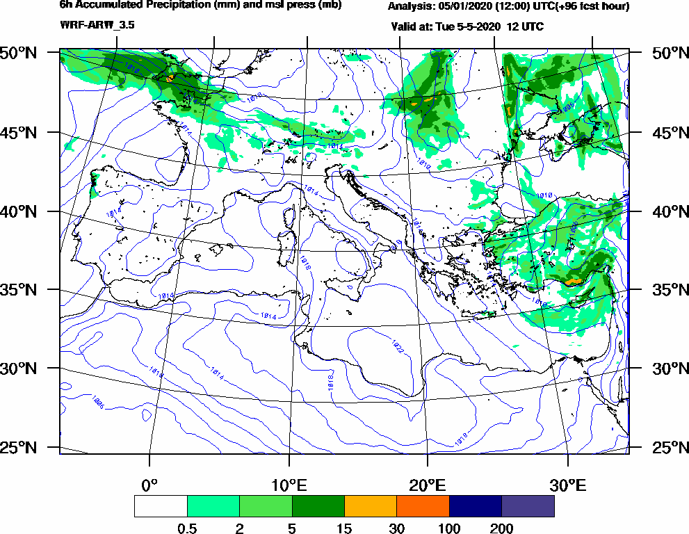 6h Accumulated Precipitation (mm) and msl press (mb) - 2020-05-05 06:00