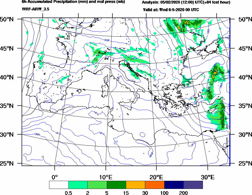 6h Accumulated Precipitation (mm) and msl press (mb) - 2020-05-05 18:00