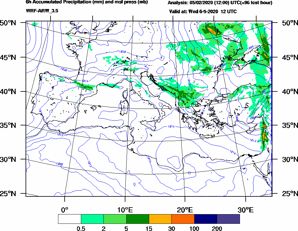 6h Accumulated Precipitation (mm) and msl press (mb) - 2020-05-06 06:00