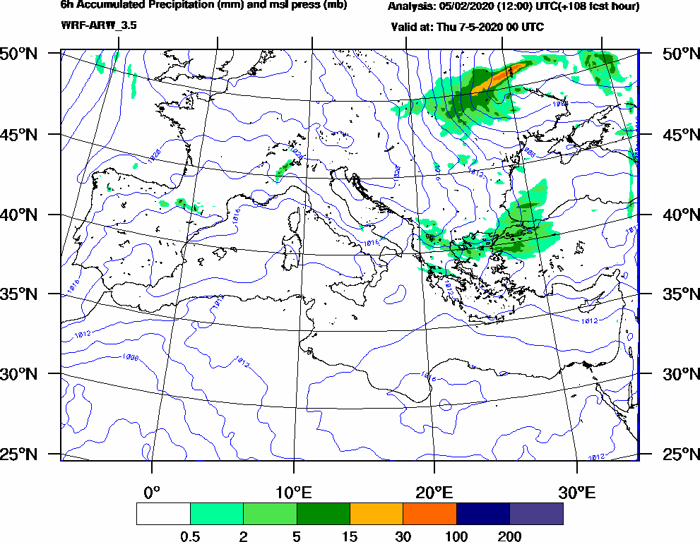 6h Accumulated Precipitation (mm) and msl press (mb) - 2020-05-06 18:00