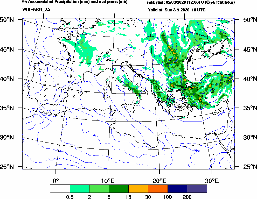 6h Accumulated Precipitation (mm) and msl press (mb) - 2020-05-03 12:00