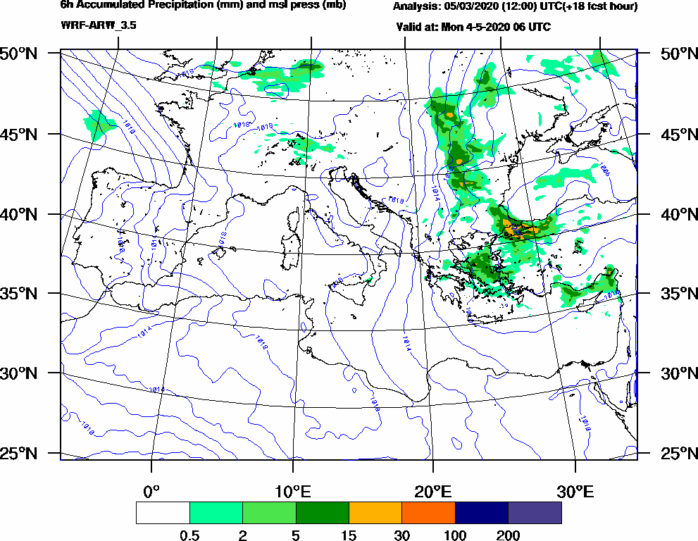 6h Accumulated Precipitation (mm) and msl press (mb) - 2020-05-04 00:00
