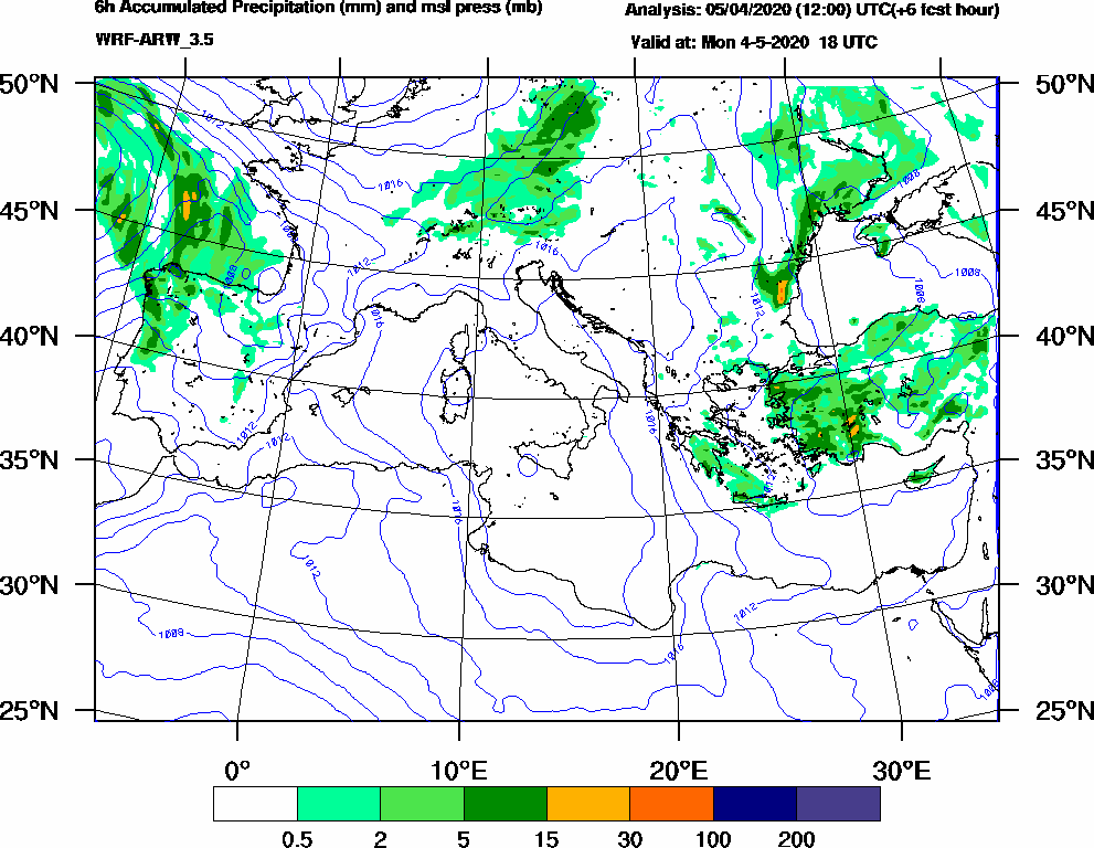 6h Accumulated Precipitation (mm) and msl press (mb) - 2020-05-04 12:00