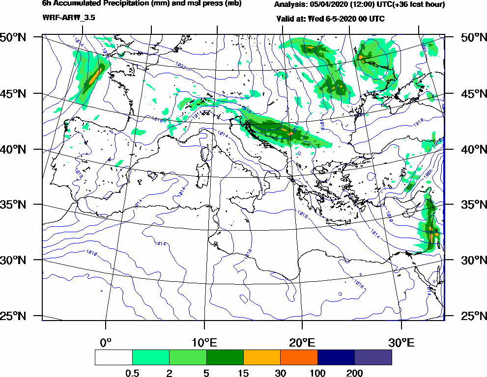 6h Accumulated Precipitation (mm) and msl press (mb) - 2020-05-05 18:00