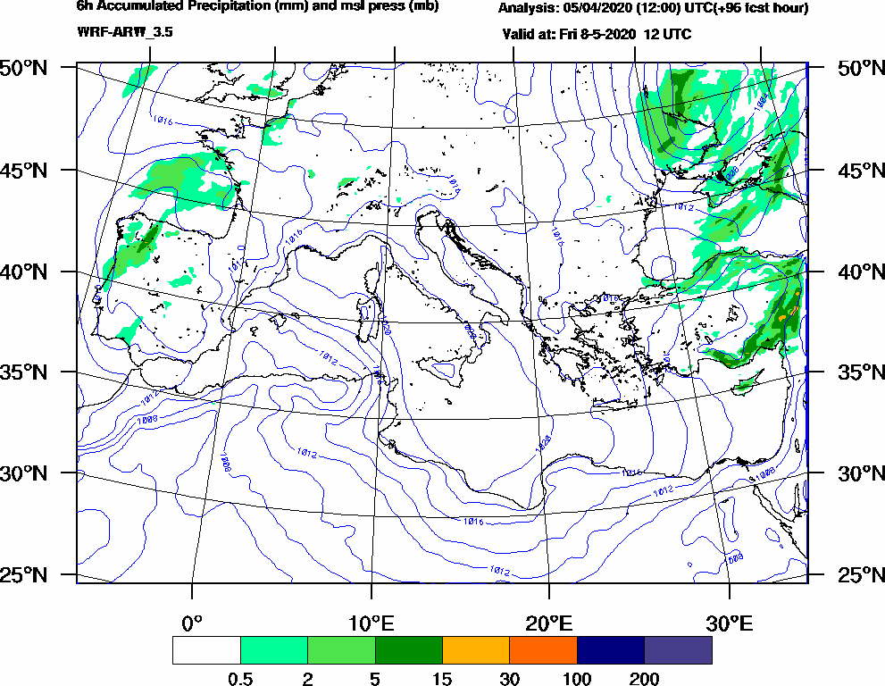 6h Accumulated Precipitation (mm) and msl press (mb) - 2020-05-08 06:00