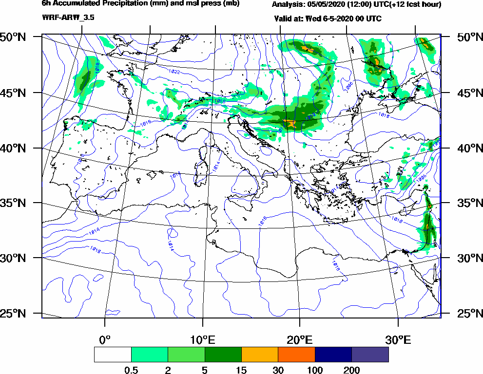 6h Accumulated Precipitation (mm) and msl press (mb) - 2020-05-05 18:00