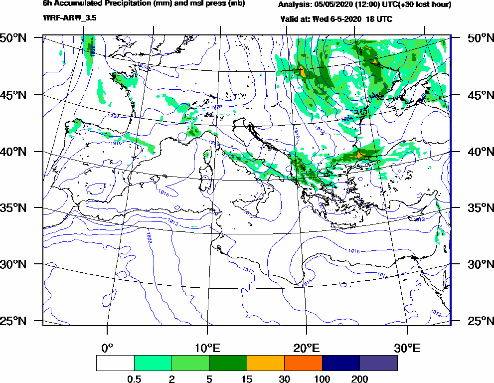 6h Accumulated Precipitation (mm) and msl press (mb) - 2020-05-06 12:00